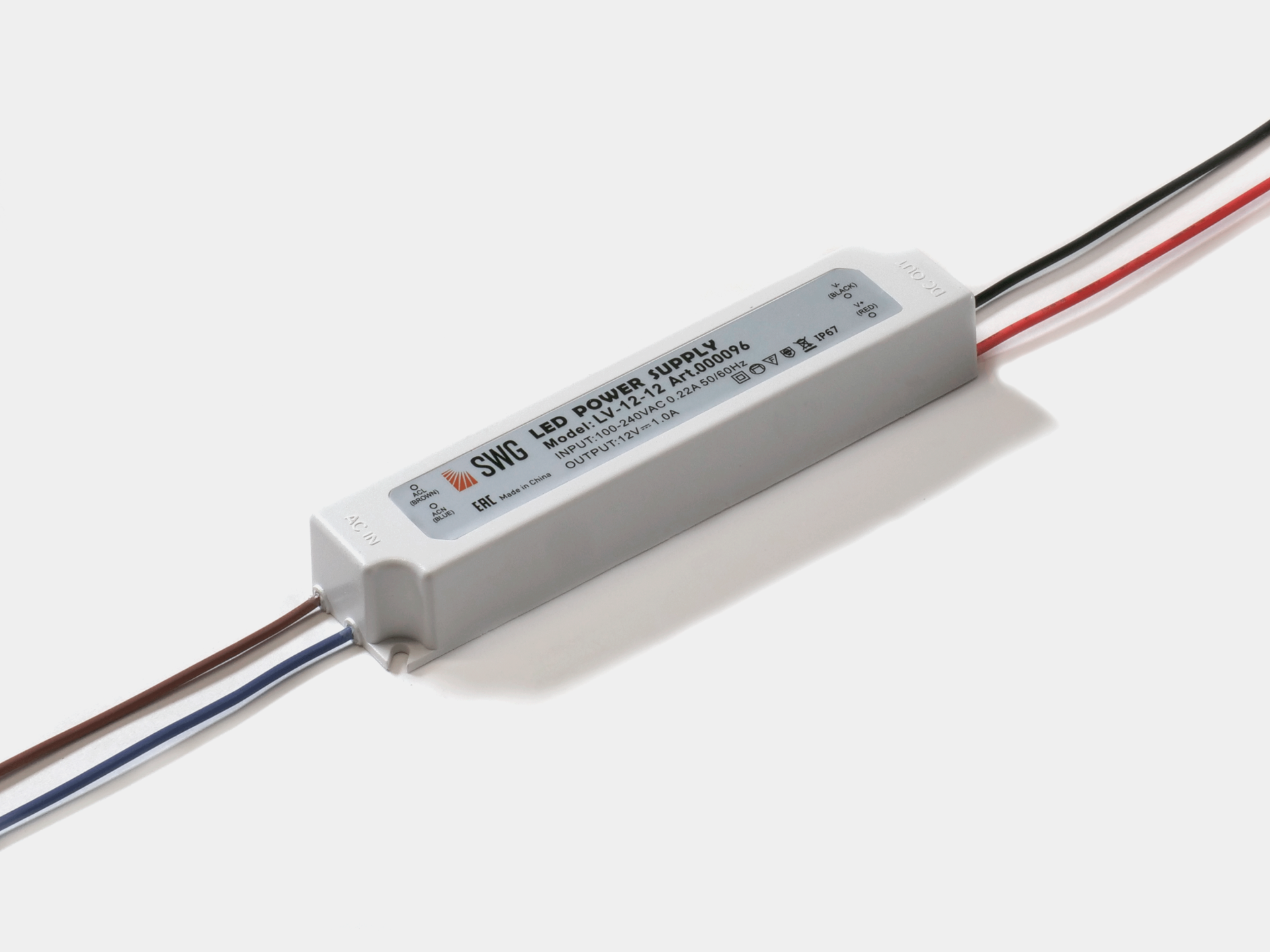 Блок Питания для светодиодных лент IP 67 пластик 12 W, 12V, LV-12-12